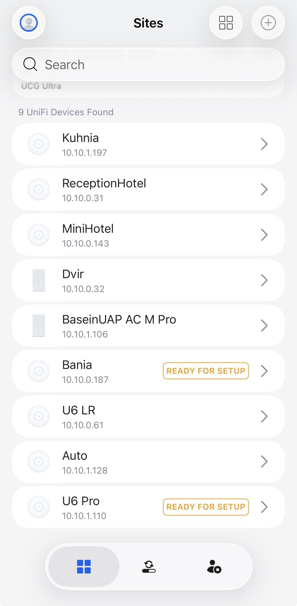 A mobile app interface displaying a list of UniFi devices with their corresponding IP addresses. Some devices are marked as "READY FOR SETUP."